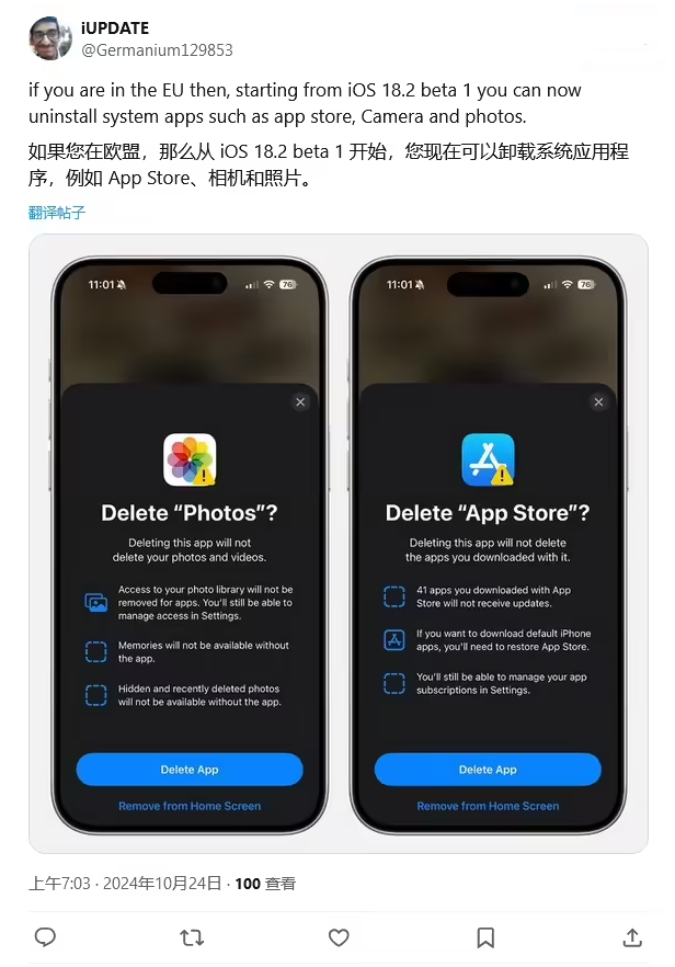 内丘苹果手机维修分享iOS 18.2 支持删除 App Store 应用商店 