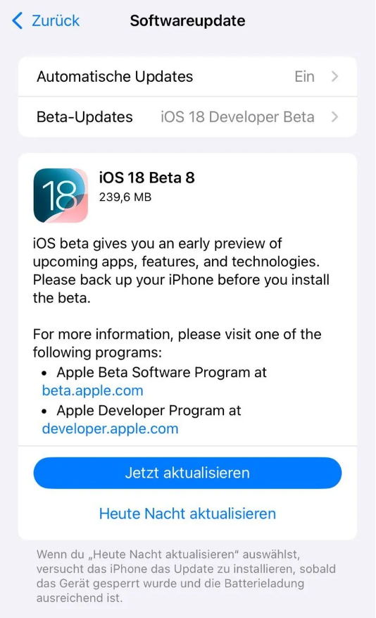 内丘苹果手机维修分享苹果 iOS / iPadOS 18 开发者预览版 Beta 8 发布 